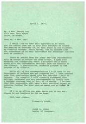 ["The document is from Congressman James R. Jones to Mr. & Mrs. Vernon Day, thanking them for attending a meeting on drug abuse in the military. Jones discusses his efforts to address the issue, including a recommendation for a maximum overseas tour of duty for military personnel. He offers his office's assistance and signs off with best wishes."]