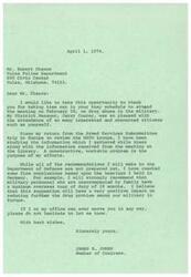 ["The document is from Congressman James R. Jones to Mr. Robert Chance of the Tulsa Police Department, thanking him for attending a meeting on drug abuse in the military. Jones discusses his efforts to address the issue, including recommendations for the Department of Defense based on information gathered during a trip to Europe. He specifically mentions a recommendation for a maximum overseas tour of duty for military personnel to help reduce drug problems. Jones offers his assistance to Chance in any way needed."]