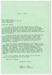 ["The document is from James R. Jones, a Member of Congress, thanking Mrs. Gerri Lewis for attending a meeting on drug abuse in the military. Jones mentions that he is working on a program to address the issue and has reached some conclusions, such as recommending a maximum overseas tour of duty of 18 months for military personnel. Jones offers his assistance and asks Mrs. Lewis to reach out if she needs anything."]