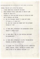 ["The document discusses various factors within the military that may contribute to drug abuse, including long hours, lack of leisure activities, and pressure on the job. It also raises questions about the availability and prescription of drugs within the military, as well as signs of drug abuse and social codes among users and non-users. Additionally, it addresses the availability of counseling and support for individuals with drug problems, as well as patterns in the histories of veterans with drug issues."]