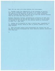 ["The document discusses ways the JRJ can help with the drug problem among servicemen, including implementing emotional and psychological screening, changing VA benefits to allow access to drug centers, providing treatment for discharged men with behavior patterns associated with drug use, and offering Methadone treatment for narcotics addiction. Dr. K has been working with drug treatment for 8 years and runs a center in Oklahoma City that receives federal funding. They have treated over 800 patients and have plans to expand to a satellite unit in Tulsa. The document also mentions the challenges and regulations associated with treating veterans for drug abuse, as well as the reasons behind drug use among service members."]