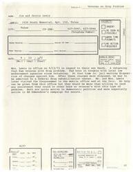 ["Mrs. Lewis visited Congressman J. R. Jones' office regarding her son Randy, a Vietnam veteran with a drug problem. Randy was in jail awaiting charges and was to be admitted to a federal drug rehabilitation center once the charges were resolved. The Congressman's office could not provide direct help but offered assistance to other veterans with similar issues. The Lewis' are active in democratic politics and supported Ed Edmondson's campaign for senate."]