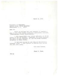 ["The document is a thank you note from James R. Jones to Ed Edmondson for sending him a copy of a Civil Rights Commission publication on school desegregation. Jones also acknowledges that Edmondson informed him about two matters he had contacted him about previously. The document expresses appreciation for seeing Edmondson and his wife at an event, and looks forward to working together in the future."]
