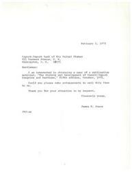 ["James R. Jones is requesting a copy of a publication titled \"The History and Development of Export-Import Programs and Services\" from the Export-Import Bank of the United States. He asks for the item to be mailed to him and thanks them for their attention to his request."]