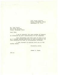 ["James R. Jones is thanking John Ennis for his support and contribution to his campaign. He expresses gratitude for the friendship and help, and looks forward to working together in the future to realize the potential of Northeastern Oklahoma."]