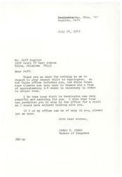 ["Jeff English wrote to Congressman James R. Jones requesting tickets for a White House tour during his visit to Washington, D.C. Jones responded, informing English that the tickets are in high demand and require 3-4 weeks to obtain. Jones expressed regret that he couldn't meet with English during his visit and offered assistance if needed."]