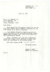 ["The document consists of a series of letters exchanged between James R. Jones, a Member of Congress, and A.J. Edwards, Jr. The documents express gratitude for kind remarks and support, mention plans to meet at Rotary meetings, and encourage continued communication and support. The overall tone is friendly and appreciative."]