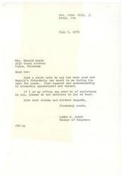 ["The document is from James R. Jones, a Member of Congress, to Mrs. Darold Eagle expressing appreciation for her and her husband's friendship. The document offers assistance if needed and ends with best wishes and regards. There is also a note attached requesting a letter for Mrs. Eagle to frame, as she believes Jones will be President one day. It suggests sending a picture as well."]