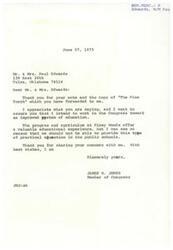 ["The document is a letter from Congressman James R. Jones to Mr. and Mrs. Paul Edwards, thanking them for their note and copy of \"The Pine Torch.\" Jones expresses his intention to work towards improving the education system and mentions the valuable educational experience offered at Piney Woods School. The document also discusses various programs at Piney Woods that teach practical skills to students."]