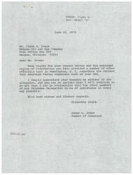 ["Clyde R. Evans of Mangum Oil and Gas Company wrote to Congressman James R. Jones about the fuel shortage facing companies like his own. Evans provided information to various officials and requested help. Congressman Jones acknowledged the letter and assured Evans of his assistance. Additionally, Evans provided detailed information on fuel purchases to the Oil & Gas Division of the Department of Interior. Evans received extra diesel fuel from Bell Oil & Gas Company to help with the harvest, as requested by Governor Hall."]