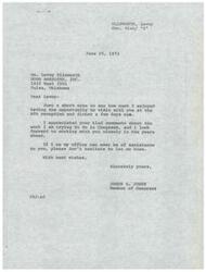 ["The document is from James R. Jones, a Member of Congress, to Levoy Ellsworth of Hugh Breeding Inc. Jones expresses his appreciation for meeting Ellsworth at an ATA reception and dinner, and looks forward to working closely with him in the future. Jones also offers assistance from his office if needed."]