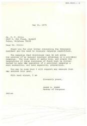 ["The document is a response from Congressman James R. Jones to Mr. C. F. Ellis regarding the Watergate incident and the need to regulate campaign expenditures. Jones agrees that campaign fund disclosure laws do not solve the problem of unequal monetary advantage in political campaigns and expresses support for measures to make political campaigns more accessible and less expensive. Ellis also expresses a similar sentiment in a note attached to the letter."]