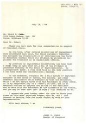 ["Lloyd E. Ecker wrote a letter to Congressman James R. Jones expressing support for President Nixon during the impeachment proceedings. Jones responded by stating his position of keeping an open mind until all evidence is presented formally to the House of Representatives. He also mentioned his focus on important legislative matters and his commitment to working with the President for the interests of the nation. Ecker expressed his support for Jones and emphasized the importance of looking towards the future and supporting the President."]