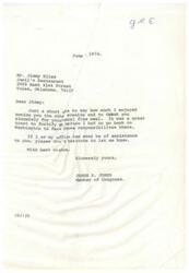 ["The sender, James R. Jones, thanks Jimmy Elias for a fine meal at Jamil's Restaurant in Tulsa. He expresses his enjoyment of their meeting and offers assistance from his office if needed."]