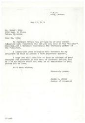 ["Mr. Robert Eddy contacted Congressman James R. Jones regarding an article in the \"Tattler\" magazine about emergency powers of the President. Congressman Jones thanked Mr. Eddy for bringing this document to his attention and encouraged him to continue sharing thoughts on national policy. Mr. Eddy suggested that Congressman Jones obtain a copy of the document from the Superintendent of Documents."]