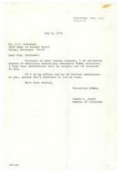 ["Mrs. V.J. Echohawk requested copies of Emergency Power statutes from James R. Jones, a Member of Congress. Jones provided the requested materials and offered further assistance if needed. The request was received on April 30, 1974, and the materials were sent on May 8, 1974."]