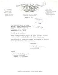 ["The document is from the Department of State Police in Virginia thanking Congressman James Jones for his letter regarding Trooper R.E. Ebersole. The Superintendent, H.U. Burgar, expresses appreciation for the remarks and states that they will be brought to the attention of Trooper Ebersole and his supervisors. The document concludes with a reminder to \"Make Courtesy Your Code of the Road.\""]