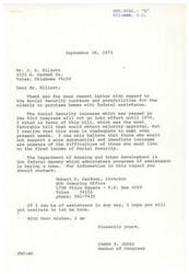 ["The document is a response from Congressman James R. Jones to a letter from Mr. J.D. Elliott regarding Social Security increases and the possibility of elderly individuals purchasing homes with federal assistance. Jones explains that the Social Security increase will not go into effect until 1974 and provides information on how to contact the Department of Housing and Urban Development for assistance in buying a home. Jones expresses his support for a more substantial increase in Social Security and offers his assistance to Mr. Elliott."]