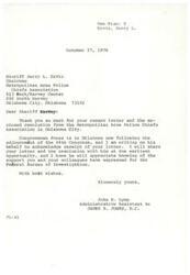 ["The document is a letter from Sheriff Jerry L. Ervin to Congressman James R. Jones, acknowledging receipt of a resolution from the Metropolitan Area Police Chiefs Association in support of the Federal Bureau of Investigation. The resolution highlights the FBI's history, jurisdiction, cooperation with state and local law enforcement, and addresses recent allegations against the agency. The resolution commends the FBI for its service and professionalism, urges Congress not to limit the agency's powers or appropriations, and calls for accountability for any agents who have violated the law. The resolution is also addressed to various government officials and FBI leaders."]