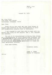 ["James R. Jones, a Member of Congress, writes a letter to Gina Foley thanking her for her participation in Girls and Boys Nations in Washington. He congratulates her on being chosen as a representative from Oklahoma and hopes that the experience will be valuable to her in the future. Foley responds with a letter thanking Jones for the luncheon and for his time during her visit to Washington."]