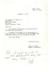 ["Mr. Eaton received a letter from Congressman Jones in response to a previous letter he sent regarding a discussion at a meeting of the Oklahoma Bankers Association. Congressman Jones expressed interest in meeting with Mr. Eaton during the Christmas holidays to discuss the situation further."]