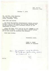 ["James R. Jones, a Member of Congress, informs Mr. and Mrs. John Eagleton that their relative William Eagleton was a guest on a Congressional Debate program. He encourages them to watch the program, which will be aired on Saturday at 4:30 pm on Channel 2."]