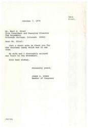 ["James R. Jones, a Member of Congress, wrote a brief thank you note to Karl E. Eitel, Vice President and Managing Director of The Broadmoor in Colorado Springs. Jones expressed his gratitude for the courtesy candy in his room and mentioned that he and his wife enjoyed their visit to the hotel."]