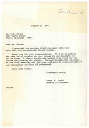 ["The document is a response to a letter sent by Mr. R.S. Evans containing a cartoon suggesting all cartoonists should resign. James R. Jones, a Member of Congress, thanks Mr. Evans for his communication and expresses appreciation for his views on national issues. Jones emphasizes the importance of intelligent dialogue to exercise American citizenship responsibilities and strengthen the government."]