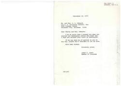 ["The document is a letter from Congressman James R. Jones to Mr. and Mrs. C. L. Edwards, apologizing for missing them during their visit to the Washington office. Jones expresses hope that they enjoyed their visit and offers his assistance in any way. Additionally, a note from Kathy at United States Pollution Control, Inc. mentions that Mrs. Edwards thanked Jones for a flower arrangement he sent home with her husband."]