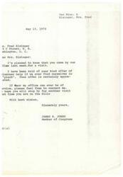 ["Mrs. Eisinger visited Congressman James R. Jones' office and offered to volunteer her help for any special projects. Congressman Jones thanked her for her offer and invited her to visit again. Mrs. Eisinger, originally from Oklahoma, recently retired and used to work at the White House."]