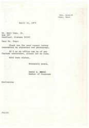["Mr. Watt Espy, Jr. wrote a letter to Congressman James R. Jones requesting his signature on a First Day Cover and a small card, along with a personally signed and inscribed photograph. Congressman Jones responded with a letter thanking Mr. Espy for his request and offering further assistance if needed."]