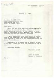 ["Levoy Ellsworth thanked Congressman James R. Jones for his assistance in resolving Mrs. Jane McMahan's social security problem. Ellsworth expressed pride in Jones' work as a Congressman and offered assistance in return. Jones responded, thanking Ellsworth for his kind words and offering further assistance if needed."]