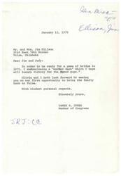 ["James R. Jones, a Member of Congress, is sending a \"marked deck\" of cards to Jim and Jody Ellison in Tulsa, Oklahoma in preparation for a game of bridge in 1975. He also mentions looking forward to bringing his family back to Tulsa and sends his kindest regards."]