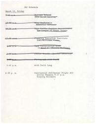 ["On March 13, JRJ has a busy schedule which includes a news conference, taping public service announcements, attending an executive planning institute, conducting a conversation with Channel 6, meeting with Social Security representative Evelyn Sowell, taking a photograph with staff and Patti Long, and catching a flight to Phoenix. They will arrive in Phoenix at 9:27 p.m. and stay at the Biltmore."]