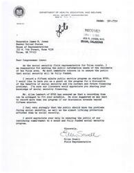 ["The document is a letter from Ellen Sowell, a social security field representative, to Congressman James R. Jones. Sowell is requesting Jones to be a guest on a public service program to discuss the benefits and funding issues of social security. She emphasizes the importance of informing the public about the challenges facing social security and the need for continued funding for the program."]