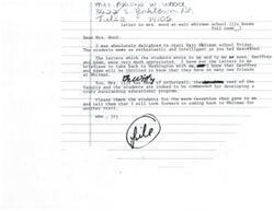 ["Mrs. Priup W. Wood from Tulsa wrote a letter to Mrs. Wood at Walt Whitman School expressing her delight at visiting the school and meeting the enthusiastic and intelligent students. She appreciated the letters the students wrote to her sons and commended the faculty for their outstanding educational program. Mrs. Wood promised to return for another visit and thanked the students for their warm reception."]