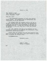 ["James R. Jones visited Wale Whitman School and was pleased with the enthusiastic and intelligent students. He appreciated the letters the students wrote to him and his sons, and commended the faculty for developing an outstanding educational program. Jones thanked the students for the warm reception and expressed his desire to visit Whitman again in the future."]