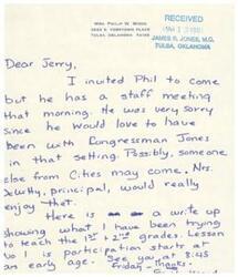 ["Mrs. Philip W. Wood received a letter from Congressman James R. Jones inviting her husband Phil to an event, but he cannot attend due to a staff meeting. Mrs. Wood expresses regret that Phil cannot attend and mentions the possibility of someone else from Cities attending. She also includes a write-up of a lesson she has been teaching to first and second graders about the importance of participation from an early age. The document ends with a note about seeing Congressman Jones on Friday."]