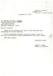 ["The document is a correspondence between Rosemary Ellison, the curator of the Southern Plains Indian Museum and Crafts Center, and James R. Jones, a Member of Congress, regarding an exhibition of paintings and lithographs by Parker Boyiddle. The document provides background information on Boyiddle, his artistic influences, and his accomplishments in the art world. It also includes details about the exhibition and Boyiddle's artistic process."]