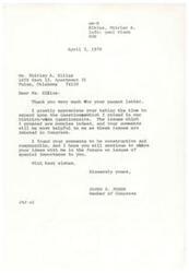 ["Ms. Shirley A. Elkins wrote a letter to Congressman James R. Jones, thanking him for his questionnaire and sharing her views on various issues, including campaign finance, equal rights amendments, government involvement in job creation, citizen participation in policy making, welfare reform, tax reform, and education. Elkins expressed concerns about government overregulation and emphasized the importance of individual initiative."]