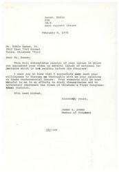 ["The document is a letter from Mr. Eddie Eanes to Congressman James R. Jones discussing various national issues, including welfare reform, transportation accessibility for the handicapped, education, and lobbying regulations. Mr. Eanes expresses his opinions on these issues and suggests incorporating certain measures into new laws pending in Congress. He also calls on Congressman Jones to vote against the ratification of the Panama Canal Treaties and to pass legislation requiring lobbying groups to disclose their activities and spending. Overall, Mr. Eanes emphasizes the importance of supporting disadvantaged and handicapped individuals through legislative action."]
