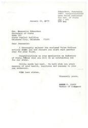 ["The document is a congratulatory message to Jeannette Edmondson for being nominated as Secretary of State. The sender expresses their belief in her ability to do an outstanding job and wishes her good health, happiness, and success in her new role. They also mention sending a newspaper article about her nomination."]