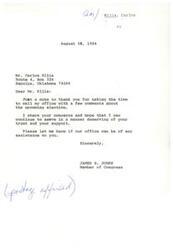 ["The document is a response to Mr. Carlos Ellis regarding his comments about the upcoming election. The writer, James R. Jones, thanks Mr. Ellis for his input and expresses a desire to continue serving in a way that earns his trust and support. Jones also offers assistance if needed. Additionally, the letter mentions concerns about Medicare and the need to challenge Reagan on certain policies."]