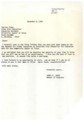 ["The document includes a letter from James R. Jones, a Member of Congress, congratulating Charles Evans on his new position as Associate Vice Chancellor for Education Outreach at the University Center at Tulsa. It also mentions concerns about potential budget cuts for education in Oklahoma and the impact on UCAT. There is a request from someone named Debbie to draft a congratulatory letter for Chuck Evans as well."]