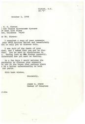 ["James R. Jones, a Member of Congress, received R. E. Elmore's comments on his NFIB Opinion Ballot and tried to call him to discuss, but was told of Elmore's father's death. Jones sent his condolences to Elmore and expressed his willingness to discuss the comments in the future."]