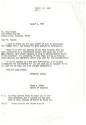 ["Ms. Anne Enders sent a letter to Congressman James R. Jones asking about the \"Wexler Bill\" and requested additional information. Congressman Jones responded, stating that there is no bill in the 98th Congress cosponsored by a Congressman Wexler and suggested that it might be a state measure in Oklahoma. He offered to research the legislation and provide his thoughts on it if Enders provided more information. Jones also mentioned that they tried to reach her by phone but were unsuccessful."]