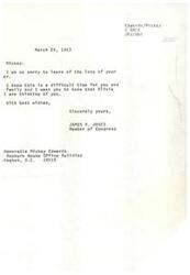 ["James R. Jones expresses his condolences to Mickey Edwards on the loss of a family member and lets him know that he and Olivia are thinking of him during this difficult time."]