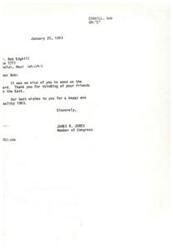 ["Bob Edgehill received a card from James R. Jones, a Member of Congress, thanking him for thinking of his friends in the East and wishing him a happy and healthy 1983. Edgehill also received a card from a friend in Yugoslavia, Ivan Lackovic, asking if he will be going to Maui for a winter vacation. The card also mentions a young horse and the sole distributors of the card, Marcel Schurman Company, Inc. The card was sent to Edgehill in Maui, Hawaii."]