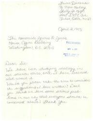 ["Laurie Durante writes a letter to Congressman James R. Jones expressing concern about environmental issues in their city. She suggests solutions such as screening junk yards, creating more bicycle paths and sidewalks, holding contests for the nicest homes, and promoting recycling plants. She emphasizes the importance of everyone working together to address pollution and over-population."]
