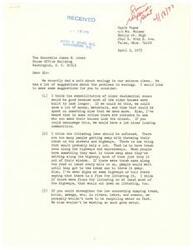 ["The document is from Gayla Pogue to Honorable James R. Jones, suggesting ideas for improving ecology. The suggestions include rehabilitating older residential areas, enforcing litterbug laws, and strengthening laws against dumping in water bodies. Gayla emphasizes the importance of conserving resources for future generations."]